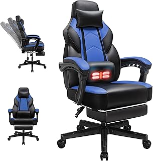 DL-win Video Gaming Chairs for Adults, Computer Chair with Footrest and Ergonomic High Back, Big and Tall Gamer Chair with Massage Lumbar Support, 360° Swivel Height Adjustable Computer Chair, Blue