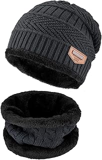 2 PCS Winter Beanie Hat Scarf Set Warm Knit Hat Thick Fleece Lined Winter Hat & Scarf for Men Women Skull Cap, Grey, L