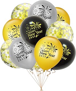 DazzJoy New Year's Eve Decoration 2025 Balloons, 16 Pieces Happy New Year Balloons, New Year's Eve Decoration 2025 Party Set Balloon, Black Gold, New Year Decoration 2025 Helium Balloons for New Year