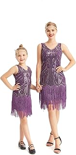 AMJM Mommy and me Flapper Dresses Adult and childen Matching 1920s V Neck Beaded Fringed Great Gatsby Dress