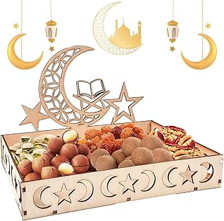 صينية خشبية لرمضان من جي اكس لايهلي، صينية خشبية للعيد المبارك، صواني خشبية مزخرفة لشهر رمضان والعيد المبارك، صينية خشبية على شكل قمر ونجوم، زينة طاولة العيد (A)، عدد القطع: 1