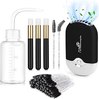 Shmian Eyelash Cleaning Kit - Mini Portable Lash Fan with 50 Shampoo Brushes, Nose Blackhead Cleanser, and Wash Bottle - for Eyelash Extensions, Black