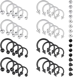 مجموعة حلقات متنوعة الاحجام على هيئة حدوة حصان مقاس 16 و14 من دي بيلا، ستيل طبي مجوهرات حلقية للانف والحواجب ولفتحة الانف وحلقات الشفاه مجوهرات ثقب الاذن للنساء والرجال 6-12ملم مجوهرات ثقب من سمايلي.,
