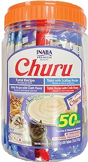 INABA Churu Cat Treats, Lickable, Squeezable Creamy Purée Cat Treat with Green Tea Extract & Taurine, 0.5 Ounces Each Tube, 50 Tubes, Tuna & Seafood Variety