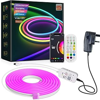 شريط اضاءة نيون ذكي يعمل بالواي فاي وتطبيق تويا LED RGB 7 الوان مقاوم للماء وبمزامنة موسيقية قابل للقطع والتشكيل مع تطبيق سمارت لايف واليكسا جوجل هوم من يوان تي 5 متر، متعدد الألوان