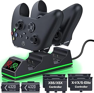 قاعدة شحن وحدة التحكم مع بطارية قابلة لاعادة الشحن 2×1200mAh لوحدة تحكم Xbox Series X/S، قاعدة شحن لوحدة تحكم Xbox مع 4 بطاريات غطاء لجهاز Xbox One/X/S/Elite، لمشغلات الألعاب، ماج سيف، أسود .