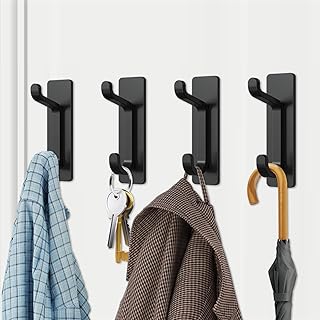 Muecleao Black Self Adhesive Hooks, Sticky Hooks Extra Strong, Stainless Steel Stick on Hooks Heavy Duty, Wall Hooks, Door Hooks, Coat Hooks, Towel Hooks for Bathrooms Kitchen Bedroom, 4 Pack