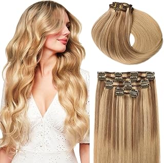 SURNEL 16inch Clip in Hair Extensions Human Hair 6pcs 100g Double Weft Clip in Extensions Balayage Ombre Color 10 Golden Brown Highlighted Fading to 16 Golden Blonde (#10/16/16,16'')