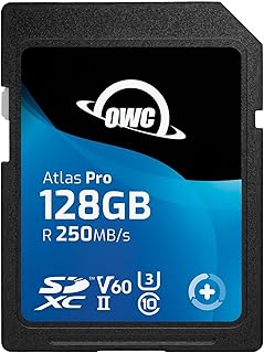 OWC بطاقة وسائط اطلس برو SD V60-128GB SDXC UHS-II V60، قراءة حتى 250 ميجابايت/ثانية وكتابة 130 ميجابايت/ثانية، بطاقة ذاكرة فعالة من حيث التكلفة للصور الأكثر شيوعًا والتقاط فيديو حتى 4K