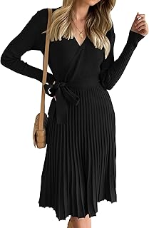 Women's Long Sleeve Wrap V Neck Ribbed Knit Pleated A Line Pullover Sweater Dress with Belt, Rust, Large