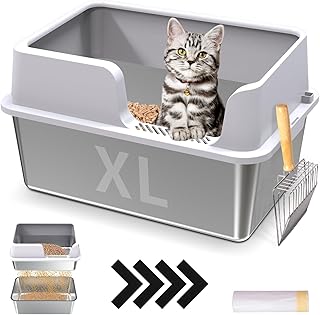 Stainless Steel Sifting Cat Litter Box with Sifting Box & Bottom Pan, High Side XL Sifting Cat Litter Pan, No Mess, Nnti-Odor, Easy to Clean, Metal Cat Litter Box with 1 Metal Scooper & 10 Liner