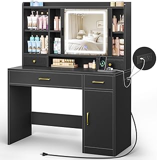 Seventable Vanity Desk with Sliding Mirror & Power Outlet, Makeup Vanity Desk with LED Lights, Adjustable 3 Color Modes, Drawers & Top Storage Shelf, Black Vanity Table for Bedroom, Studio