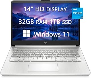 HP احدث لابتوب 2023 لطلاب الجامعة والاعمال 14 انش HD انتل كور i5-1135G7 ذاكرة RAM 32GB SSD 1TB شحن سريع HDMI كاميرا ويب بلوتوث خفيف الوزن ويندوز 11 كيبل مجاني