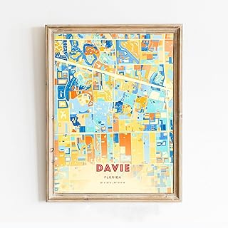 MG Global Colorful Poster of DAVIE FLORIDA Blue Orange USA Two-toned Creative | 11x17 12x18 16x24 24x36 Modern Hometown City Maximalism Unframed Wall Art Gift | Maximalist Print for Home Office Decor