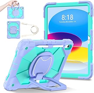 Tablet Protection Tablet Case Compatible with iPad 10th Generation 10.9 inch 2022 Released Heavy Duty Shockproof Protective Case W 360 Rotatable Stand + Hand Strap + Shoulder Strap Tablet Accessory(P