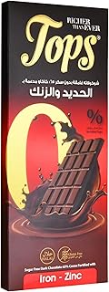 باكيت ألواح شوكولاتة توبس غامقة بدون سكر 65 % كاكاو مدعمة بفيتامين الحديد والزنك - 60 جم عدد 12 حبة Tops Dark Chocolate Bars Sugar Free 65% Cocoa Fortified with Iron and Zinc -Packet 60gm, 12 Bars