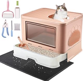 Foldable Cat Litter Box with Lid,Extra Large Litter Box,Enclosed Cat Potty,Anti-Splashing Cat Kitty Litter Pan Easy Cleaning and Scoop |with Cat Litter Mat Litter Scoop Nail Clippers Pet Lint Roller