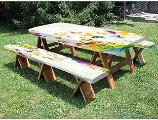 Colorful Picnic Fitted Tablecloth and Bench Seats Table Cover, Silhouettes of Butterflies Freedom of The Nature Festival Artwork Print, for outdoor picnic parties, 28 x 72 Inch Pale Ivory