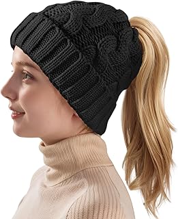 Sahrch Ponytail Beanie for Women - Warm Cable Knit Ladies Winter Hats Messy High Bun Wooly Hat UK