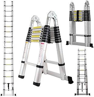 بووشين سلم تلسكوبي شديد التحمل 16.5 قدم من الالومنيوم باطار على شكل حرف A، درجات قابلة للطي بسعة تحميل 330 باوند، لوازم بناء ذاتية الصنع للمنزل والمكتب الخارجي