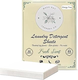 Wash Day Laundry Co. Detergent Sheets Clean Fresh Scent, 64 Loads (32 Sheets), Concentrated Soap Sheets, Travel Sheets Are Compact & Mess Free-NO Plastic Packaging Eco Friendly Sheets