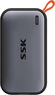 SSK ذاكرة مستديمة SSD خارجية محمولة 250GB، سرعة نقل قصوى تصل الى 1050MB/s USBC 3.2 الجيل الثاني للهواتف الذكية من النوع سي، PS5، Xbox، اللابتوب، ماك بوك/برو/اير والمزيد، محرك الحالة الصلبة