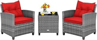 Tangkula 3 Pieces Patio Furniture Set, Outdoor PE Rattan Conversation Chair Set with Tempered Glass Side Table and Removable Cushions, PE Wicker Chairs and Table Set for Porch, Balcony and Garden