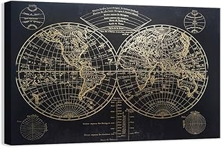 Kas Home Modern Art - Vintage Gold Foil World Map - مطبوعات قماشية سوداء كبيرة مؤطرة لوحات جدارية فنية جدارية لتزيين غرفة المعيشة والمكتب (32 x 48 بوصة، مؤطرة)