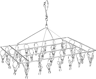 رف تجفيف الجوارب من الستانلس ستيل من اكس سي زد واي ان مع 36 مشبك، رف شماعات ملابس بخطاف دوار مقاوم للرياح للجوارب وحمالات الصدر والملابس الداخلية واكسسوارات الملابس الداخلية، فضي