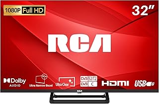 RCA تلفزيون FHD مقاس 32 انش تصميم بدون حواف بتقنية فري فيو دولبي صوت رقمي DVB T2/S2 1080P باضاءة خلفية LED شاشة HDMI USB RF CI بلاي ستيشن 5 اكس بوكس صغير لغرفة النوم والمطبخ، أسود