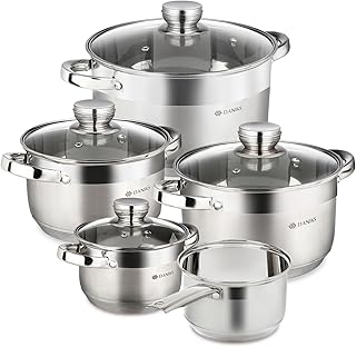 Daniks Standard 9-Piece Stainless Steel Induction Cookware, Pots 16/18/20 cm with Glass Lid, Saucepan, Soup Pot/Pasta Pot, Silver