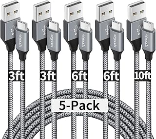 كيبل USB نوع C للشحن السريع، ايتجوودز [5 عبوات، 3/3/6/6/10 قدم] سلك شاحن USB-A الى USB-C مضفر متوافق مع سامسونج جالاكسي A71 A70 A51 A50 A41 A21 A20e A20 A10e S20 S10E S10 S9، نوت 20 10 9 (