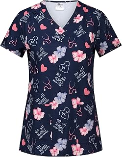 B-well Isabella Women's Care Tunic with Spandex, Women's Motif, Kasaks Elderly Care Women with Motif, Short Sleeve and V-Neck