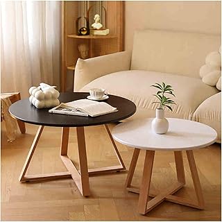 Home Decoration Round Coffee Table，Coffee Table For Living Room，Wooden Coffee Table，Round Wood Nesting Tables ，With Cross Solid Wood Legs Suitable For Living Room Office.(LARGE BLACK+SMALL WHITE)