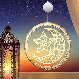 مصابيح زينة رمضان ثلاثية الابعاد من ياكيتر، مصابيح نافذة لتزيين رمضان بتصميم اسلامي لزينة رمضان المبارك للاماكن الخارجية والداخلية والفناء وغرفة النوم والحفلات (قمر ونجمة)