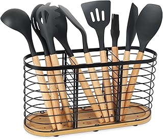 buysigo Kitchen Utensil Holder, Cutlery Holder Made of Metal, Perfect Organisation for Your Kitchen, Large Black Stainless Steel Utensil Bowl with Wooden Base, 3 Compartments Kitchen Utensils Caddy,