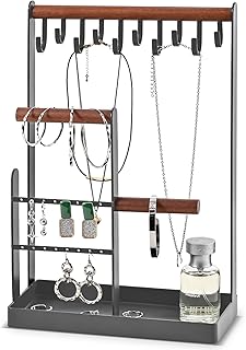 بروكيس حامل مجوهرات للقلادات، رف مجوهرات من 4 طبقات مع صينية للاقراط والثقوب، 10 خطافات للقلادات، منظم عرض شجرة لتخزين الاساور والساعات والاقراط والخواتم - رمادي، خشب معدني