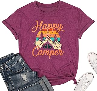 تي شيرت مطبوع عليه عبارة Happy Camper للنساء، تي شيرت كاجوال بأكمام قصيرة مطبوع عليه عبارة Happy Camper