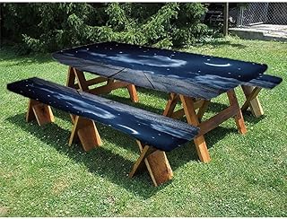 Dark Blue Picnic Fitted Tablecloth and Bench Seats Table Cover, for Outdoor/BBQ/Camping, 28 x 72 Inch Dark Blue White