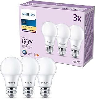 مصباح اضاءة LED فروستد A60 [ابيض دافئ 2700 كلفن - برغي ايديسون E27] 60 واط غير قابل للتعتيم للاضاءة الداخلية للمنزل من فيليبس، عبوة من 3 قطع