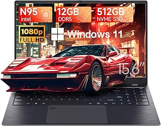 لابتوب 15.6 انش، DDR5 12GB RAM 512GB SSD، معالج انتل سيليرون N95 (حتى 3.4GHz)، ويندوز 11 برو مع شاشة FHD IPS، واي فاي 5، بلوتوث 5.0، نوع C، HDMI، USB 3.2