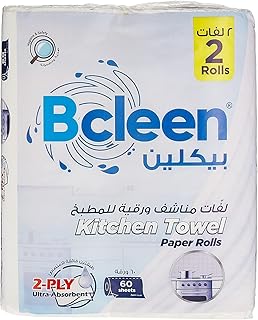 بيكلين® لفة مناشف ورقية للمطبخ، 60 ورقة × طبقتين، بكرتان، مناديل معقمة للحماية من الجراثيم، نصف مثقوبة