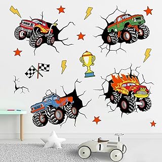 410 Yovkky 3D Racing Cars Wall Decals Stickers, Trucks Vehicles Break Through Toddler Baby Nursery Decor, Trophy Flags Stars Lightning Home Decorations Boys Kids Bedroom Playroom Art