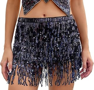 Women Sequin Skirt Tassels Belly Dance Hip Scarf Sparkly Rave Fringe Wrap Skirt, Blue, One Size