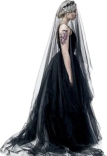 Black Long Veil Tulle Bridal Wedding Cathedral Veil Headband Halloween Costume Headpiece for Women Girls