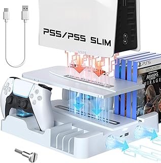 Juseisin PS5 Stand for PS5 Multifunctional Vertical Charging Station with Level 3 High Performance Fan and PS5 Dual Controller Charging Station with LED Charging Indicator for PS5 Slim Disc Digital