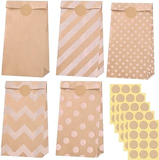 Pack of 50 Brown Paper Bags, 18 x 9 x 5.5 cm, Gift Bags, Small Kraft Paper Bags, Party Bags, Children's Birthday Party Bags with 60 Stickers for Sweets, Gifts, Birthday, Wedding Party (5 Styles)