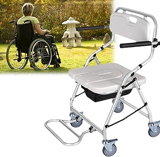 Commode with Wheels Bedside Commodes for The Elderly Shower Chairs for The Elderly with Arms and Back Folding Commode Chair Shower Wheelchair with Footrest For Pregnant Elderly(Without Eva Pad,Without