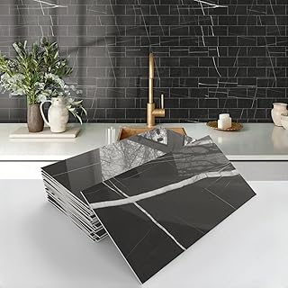 16pcs Marble Effect Self Adhesive Stick on Tiles, Vinyl Wall Peel and Stick Tile for Kitchen Bathroom, Individual Waterproof Sticky Tile Covers Transfers (Black, 4x8 inches)