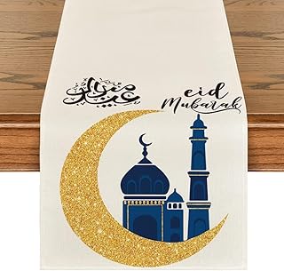 مفرش طاولة بتصميم عبارة «Eid Mubarak» ورمضان من مون ستار، ديكور طاولة طعام للمطبخ والعطلات الصيفية الموسمية لديكور الحفلات المنزلية، مقاس 33 × 183 سم